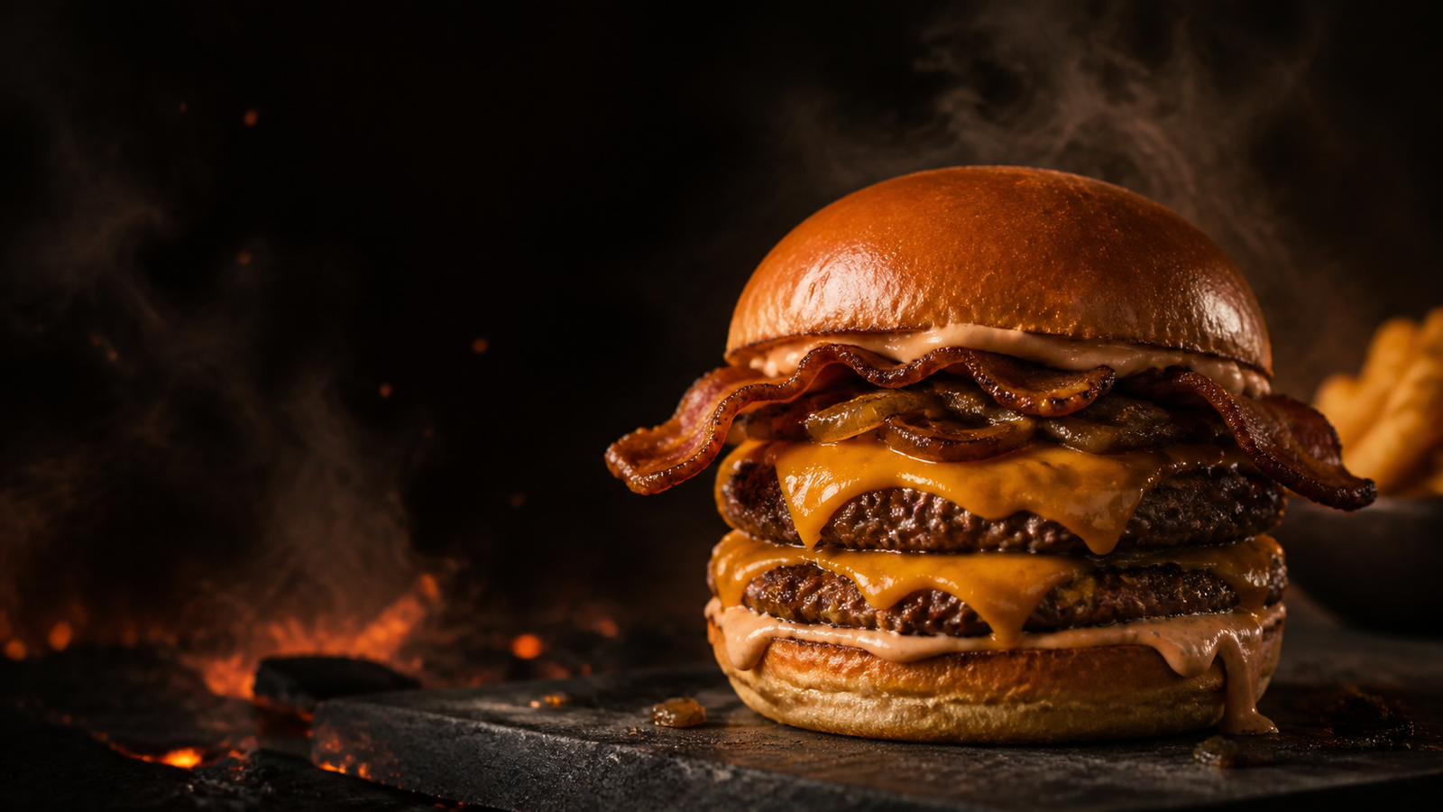 Hambúrguer artesanal com bacon e cheddar ao fogo